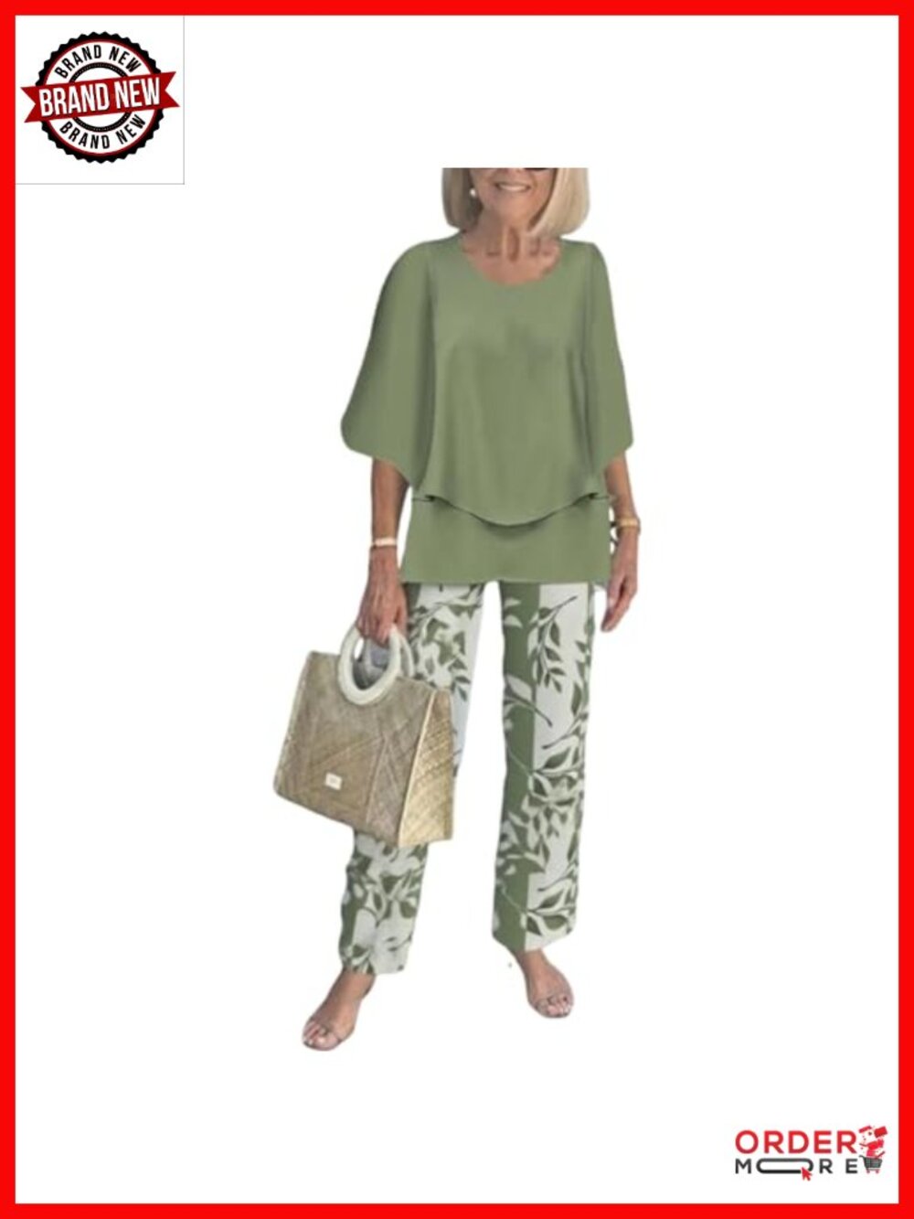 LOZ Women's 2-Piece Lounge Set 3/4 Sleeve Shirt Wide Leg Pants Cotton Blend